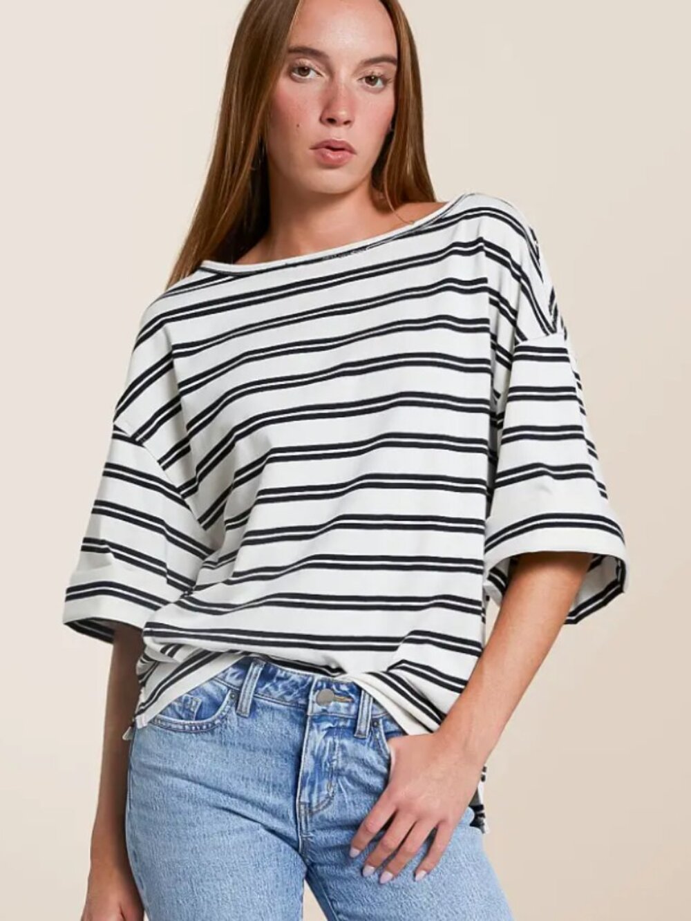 Free People We The Free Black And White Stripped Cest La Vie Tee Size XL